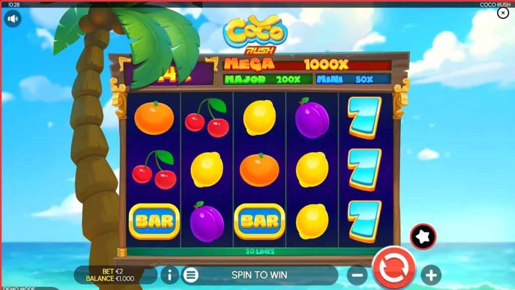 Interface colorida do jogo de slot Coco Rush com tema tropical