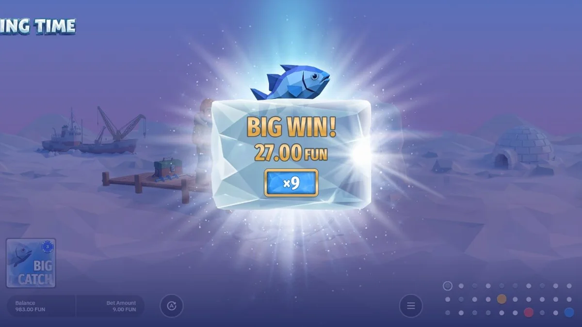 Interface do jogo de cassino Fishing Time com roda de bônus e tema de pesca no gelo