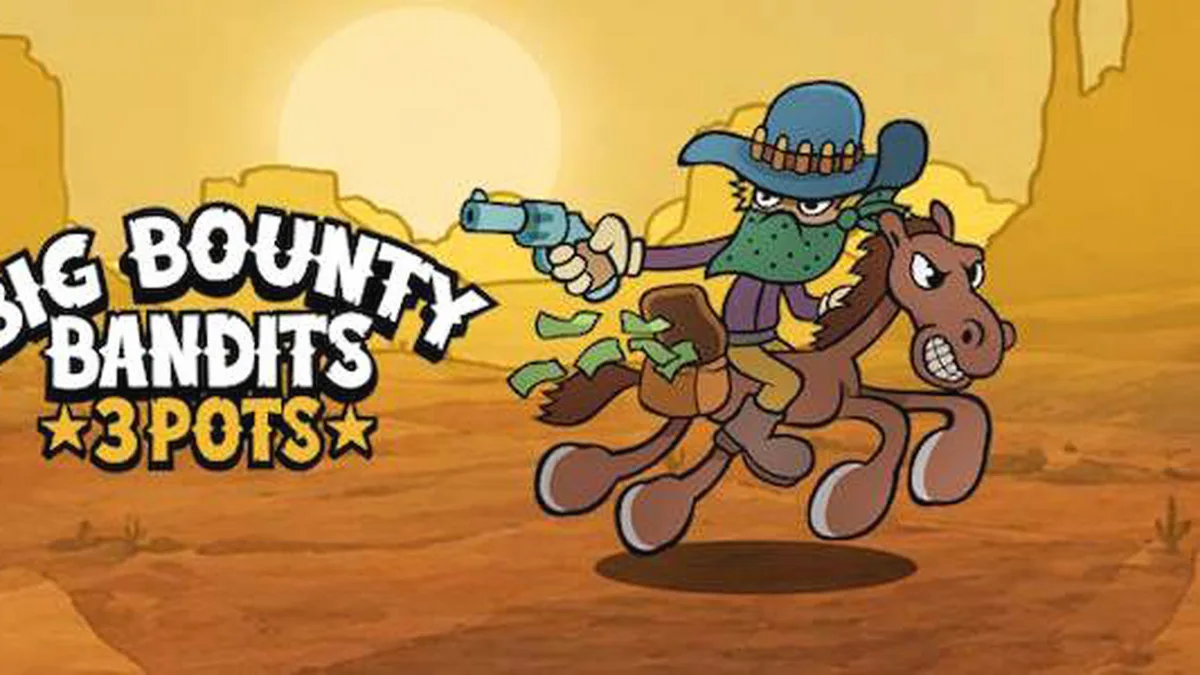 Cena de jogo do slot Big Bounty Bandits: 3 Pots mostrando bandidos e elementos do Velho Oeste